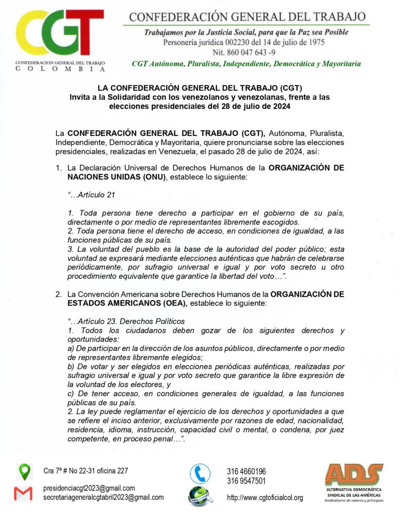 CGT se Pronuncia Frente a las Elecciones en Venezuela