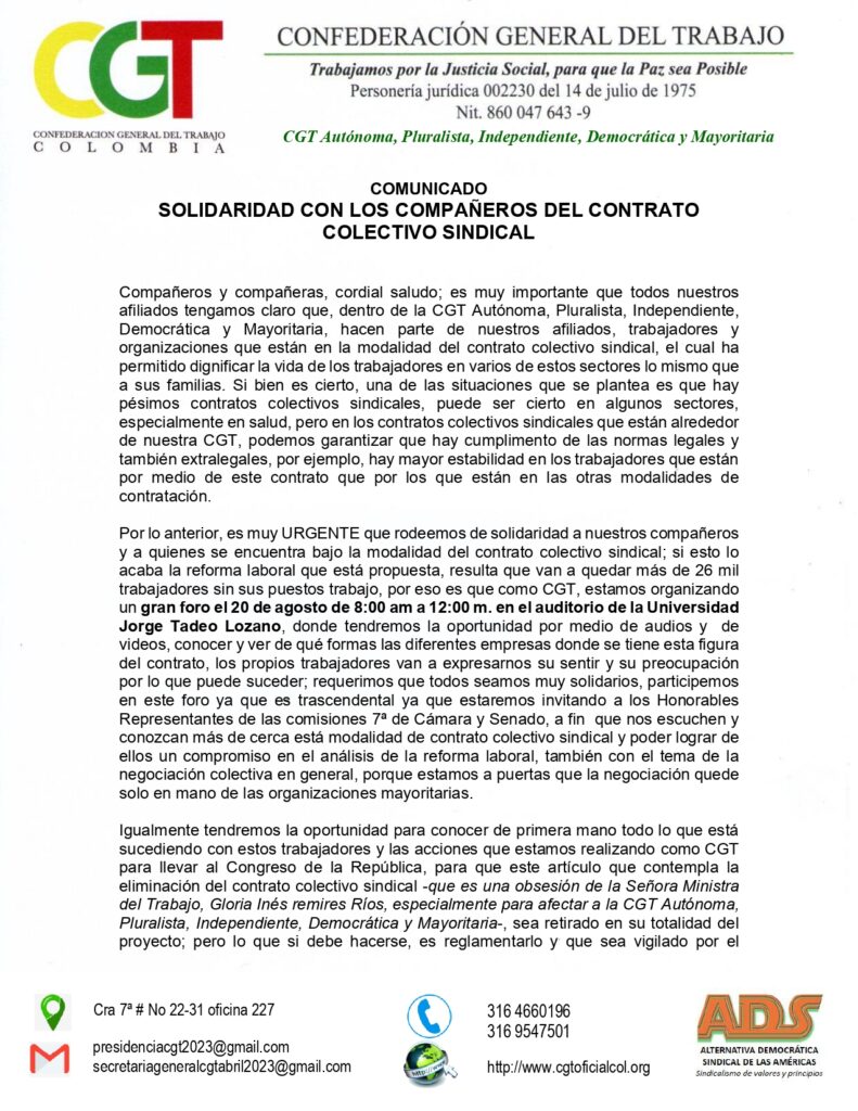 Solidaridad con los Compañeros de Contrato Laboral Sindical